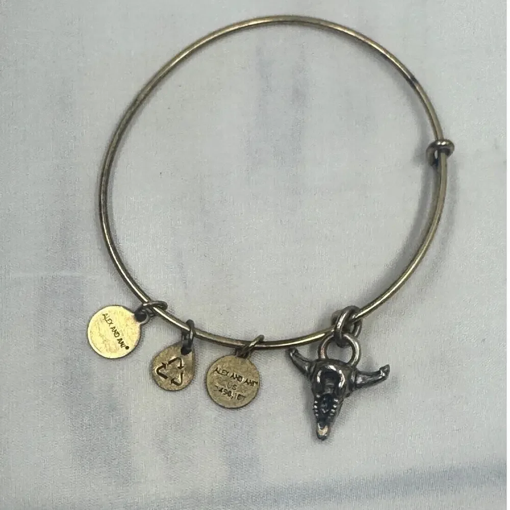 Alex and Ani Spirited Skull Charm Bangle,‎ signed, western, long horns